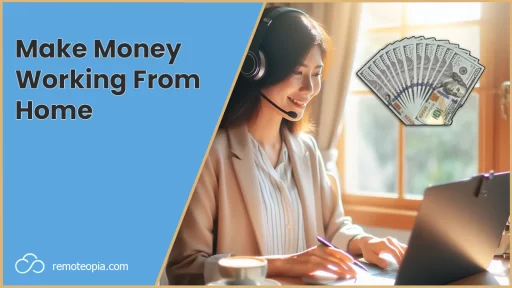 woman working from home with cash icon
