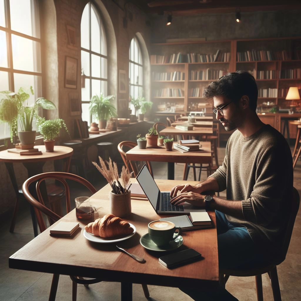 man working in quiet cafe - remote work tips
