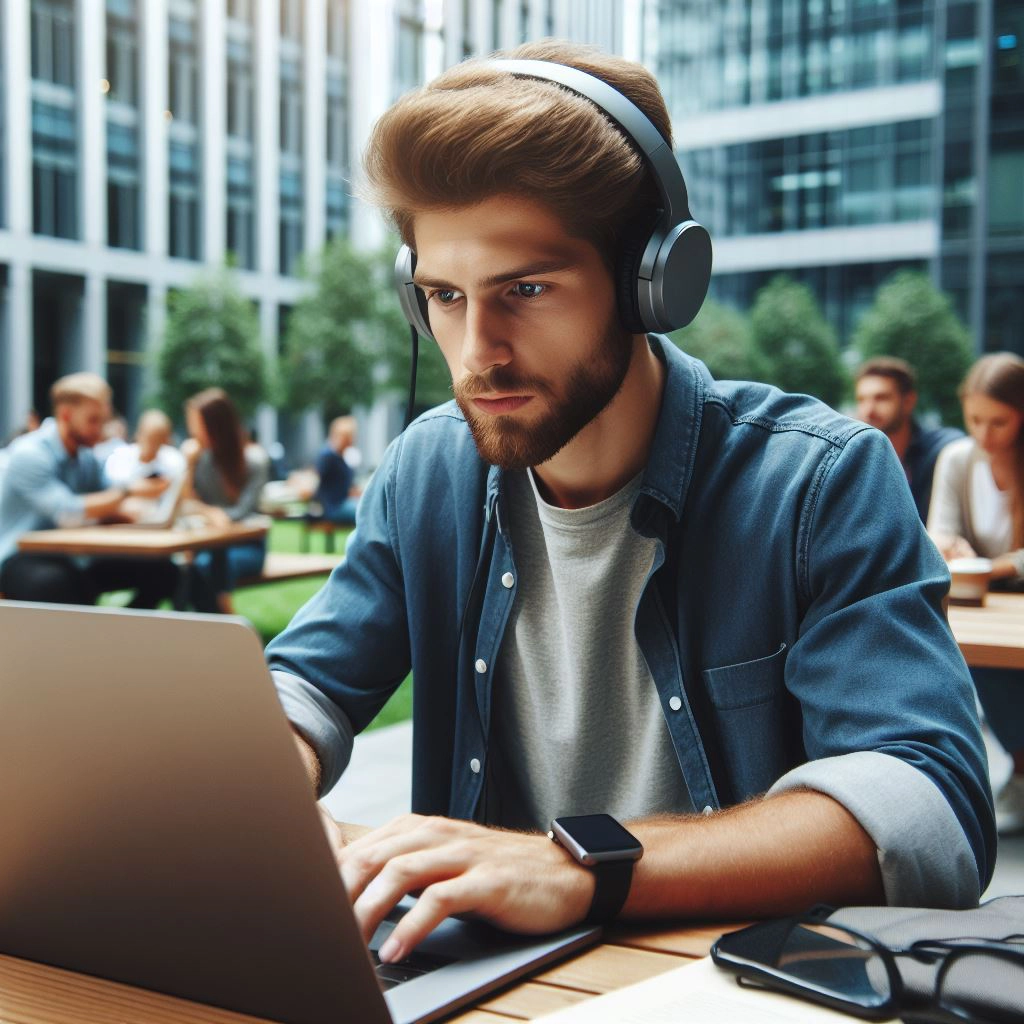 man working outside with headphones to stop distractions