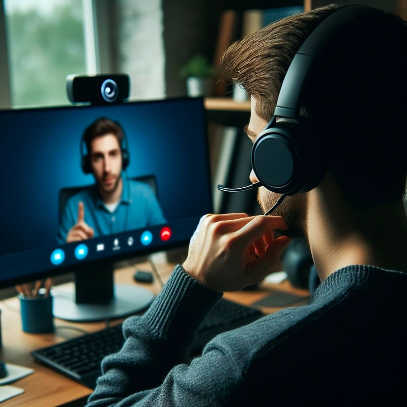 man on a call with good video conferencing equipment