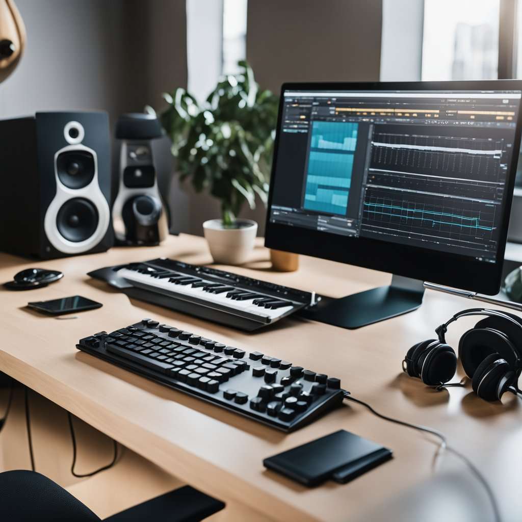 A sleek computer with musical notes floating around it, surrounded by various instruments and a creative workspace