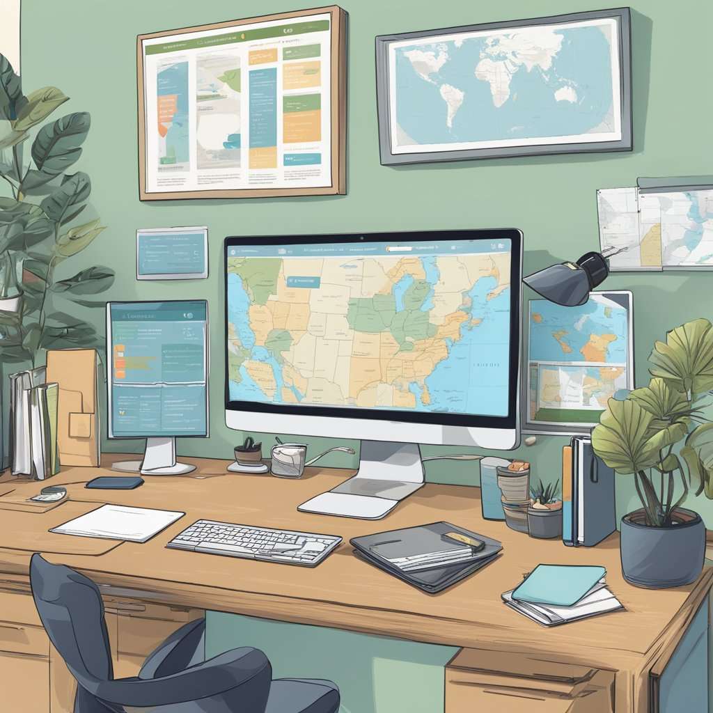 A computer screen shows a travel agent's remote workspace with a list of 15 jobs for extroverts. A world map and travel brochures decorate the desk